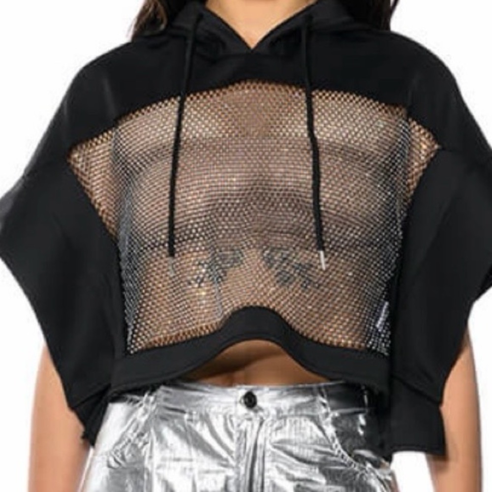 AKIRA Black Cropped Hoodie with Sheer Front Rhinestone Mesh Panel